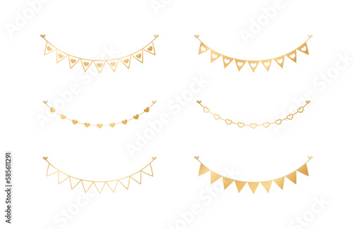 Golden Flags with Heart Pattern set. Festive Birthday, Valentines Party celebration. Hanging buntings garlands vector illustration