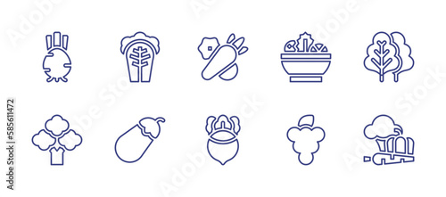 Vegetables line icon set. Editable stroke. Vector illustration. Containing celery root, cabbage, fresh, salad, broccoli, eggplant, turnip, grapes, vegetables.