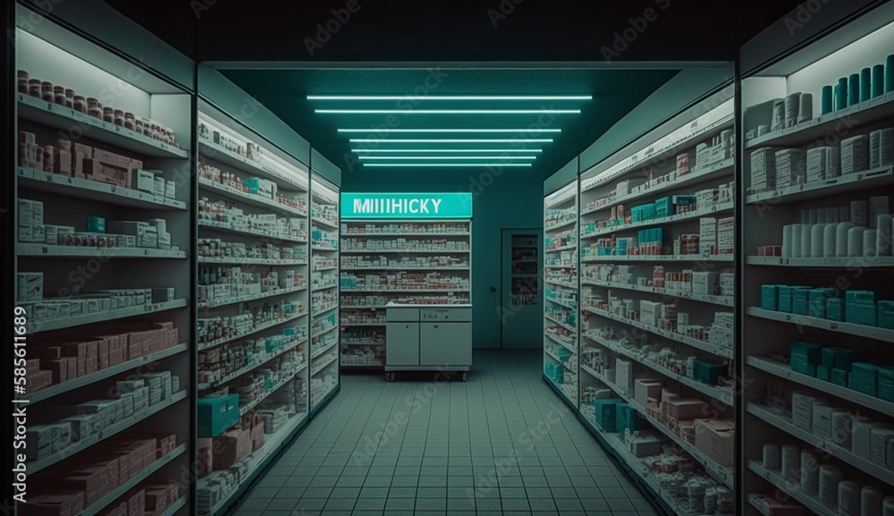 Hyper detailed photograph of nobody in a brightly lit pharmacy with pill bottles on shelves, photorealistic, photo, Generative AI