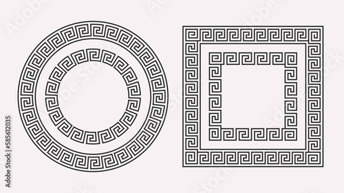 Greek ornament frames set. Circle and square meander patterns collection. Ancient Greek fret borders. Geometric meandros motif. Vector decorations and illustration photo