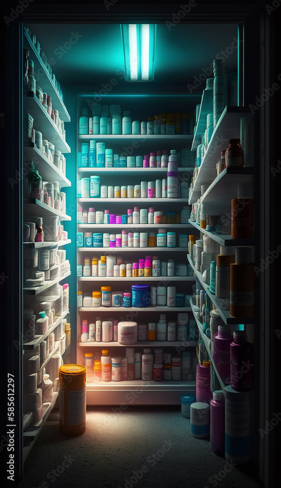 Hyper detailed photograph of nobody in a brightly lit pharmacy with pill bottles on shelves, photorealistic, photo, Generative AI