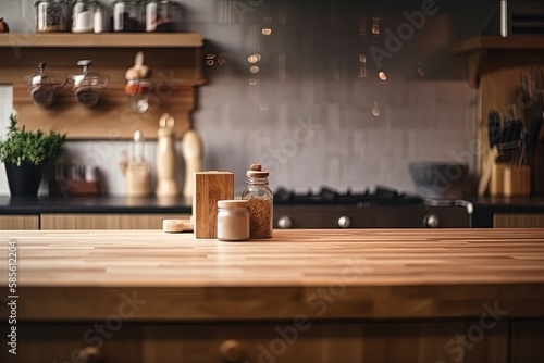 wooden kitchen countertop with a potted plant. Generative AI