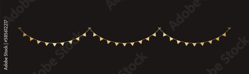 Golden Flags Garland, Festive Birthday, Christmas Party celebration, Hanging buntings garlands vector illustration
