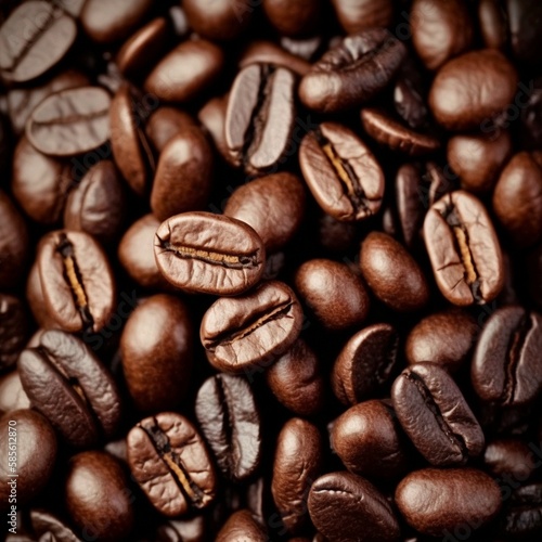 Roasted coffee beans, top view of coffee beans. Roasted coffee beans background Generative AI