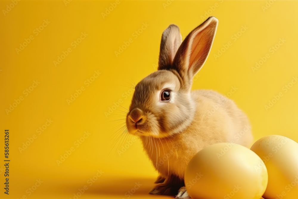 cute rabbit sitting beside a nest with colorful eggs on a bright yellow background. Generative AI cute rabbit sitting beside a nest with colorful eggs on a bright yellow background. Generative AI