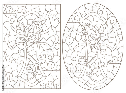 A set of contour illustrations in the style of stained glass with Christian crosses, dark contours on a white background
