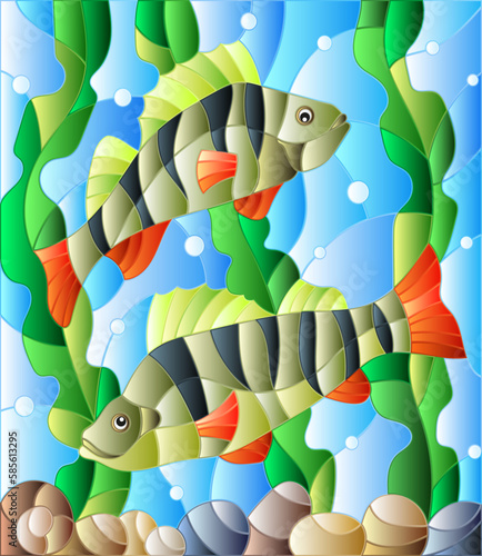 Illustration in stained glass style with a pair of fish  perch on the background of water and algae