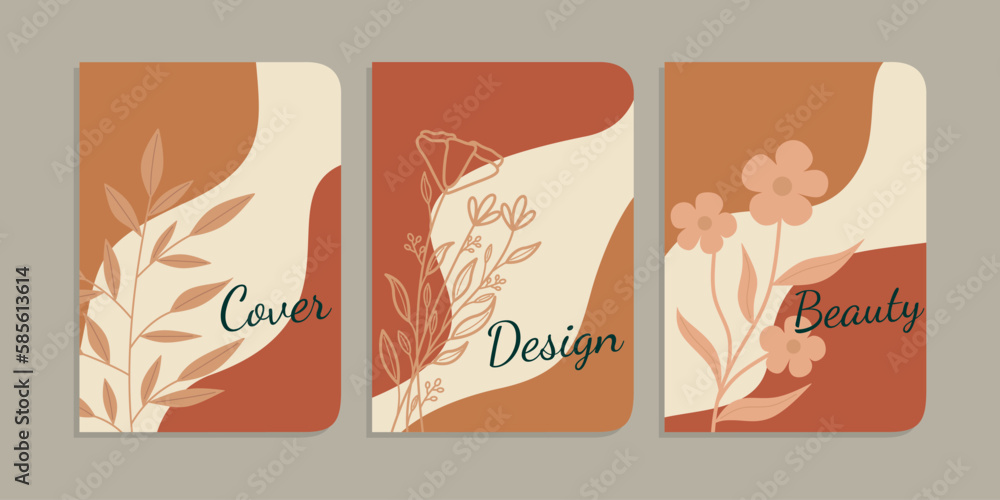 set of beautiful book cover designs with hand drawn floral decorations. abstract botanical background. A4 size For notebooks, school books, planners, brochures, books, catalogs