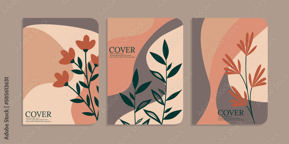 set of book cover designs with hand drawn floral decorations. abstract botanical background. A4 size For notebooks, school books, planners, brochures, books, catalogs