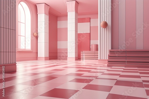 Pink-walled Room with Checkered Floor Pattern. Generative AI