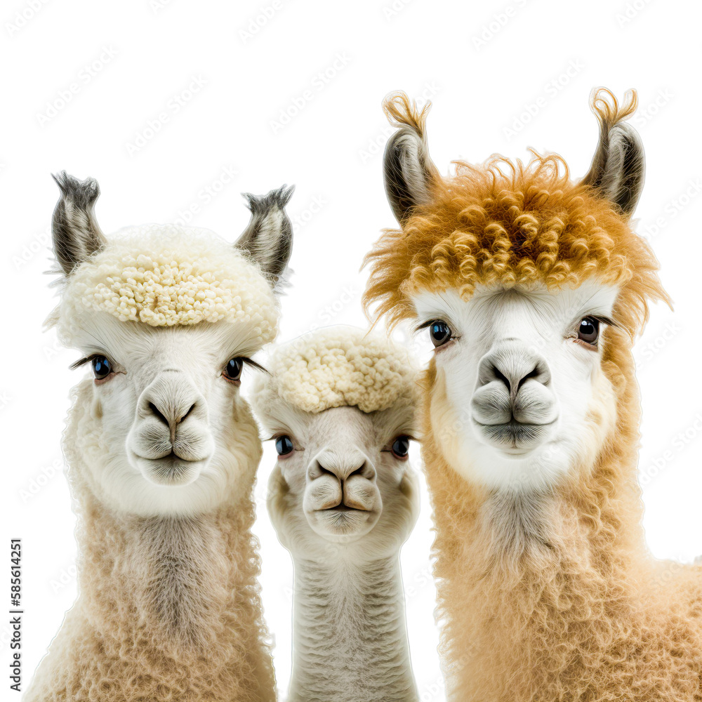 Close up of alpacas a on white background. Generative Ai