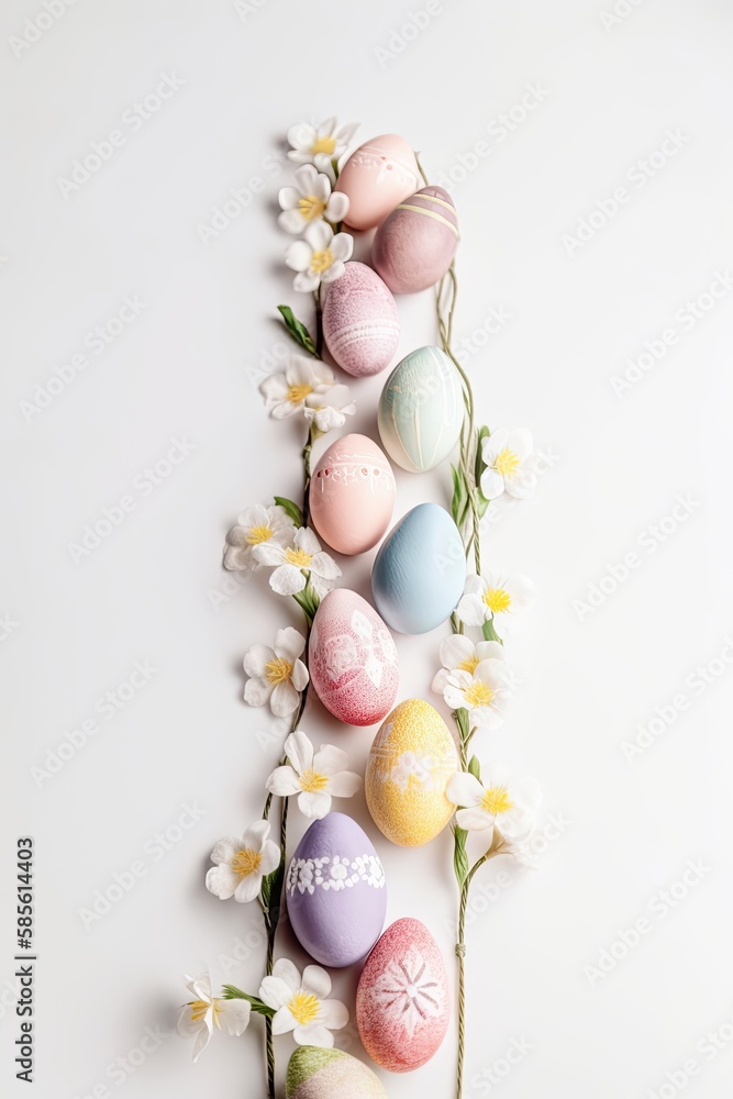 Easter eggs and springtime flowers over white background Top view Easter eggs and springtime flowers over white background Top view
