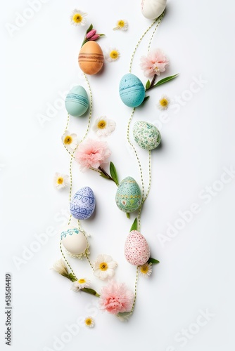 Easter eggs and springtime flowers over white background Top view