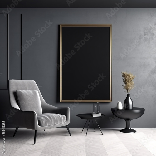 Mock-Up for Posters, Paintings, Photos - Modern Interior Living Room with Mock-Up Frame and Matte Black Canvas, Soft Furniture and Moody Lighting - Generative AI