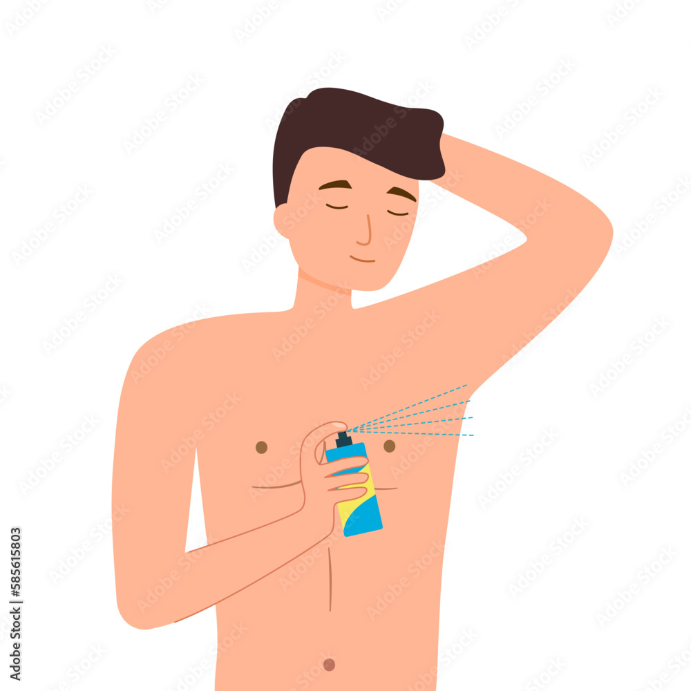 Fototapeta premium Young man using body spray in flat design on white background.