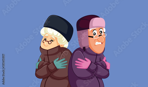 Senior Couple Feeling Cold Wearing Warm Clothing Vector Cartoon. Unhappy elders feeling like freezing due to low temperatures in winter time
