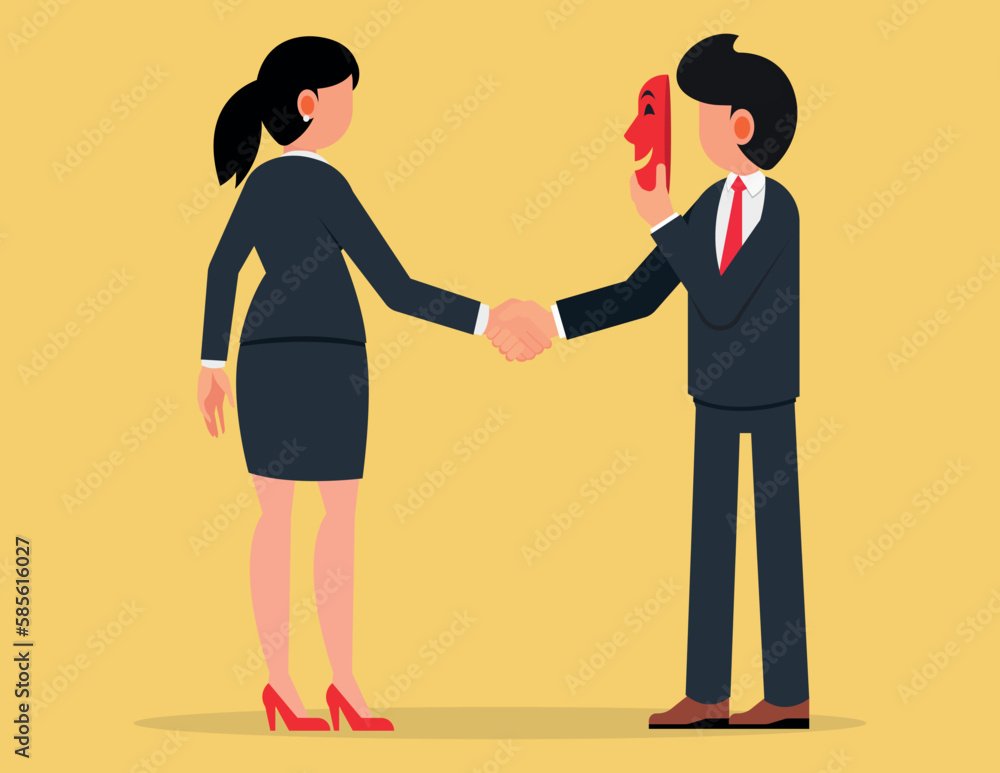 Liar or suspicion fraud, betrayal or disguise deal. Business woman shaking hands with a business man holding a mask