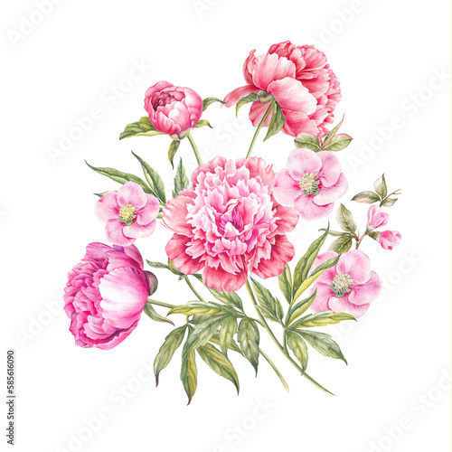 Pink watercolor roses bouquet. Bunch of flowers on a white background © Kotkoa