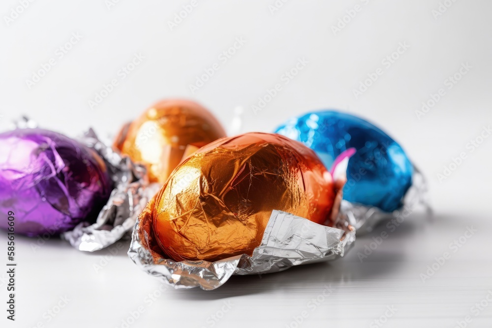 three colorful Easter eggs stacked on top of each other with a ribbon bow. Generative AI three colorful Easter eggs stacked on top of each other with a ribbon bow. Generative AI