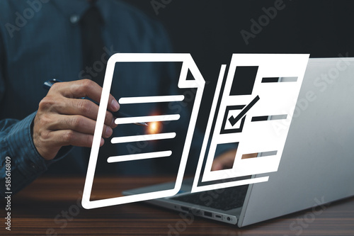 businessman reviews the steps using a virtual online document and paperwork.