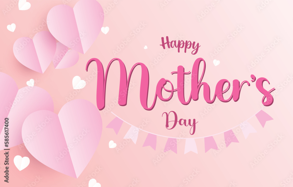 Mother's Day greeting card. mum banner vector with 3d flying hearts pink papercut and festival flag. symbol of love and handwritten letters on pink background.