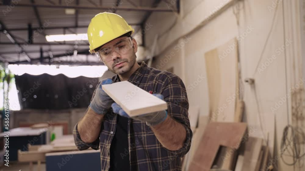 Handsome carpenter man in safety goggles and hardhat standing checking