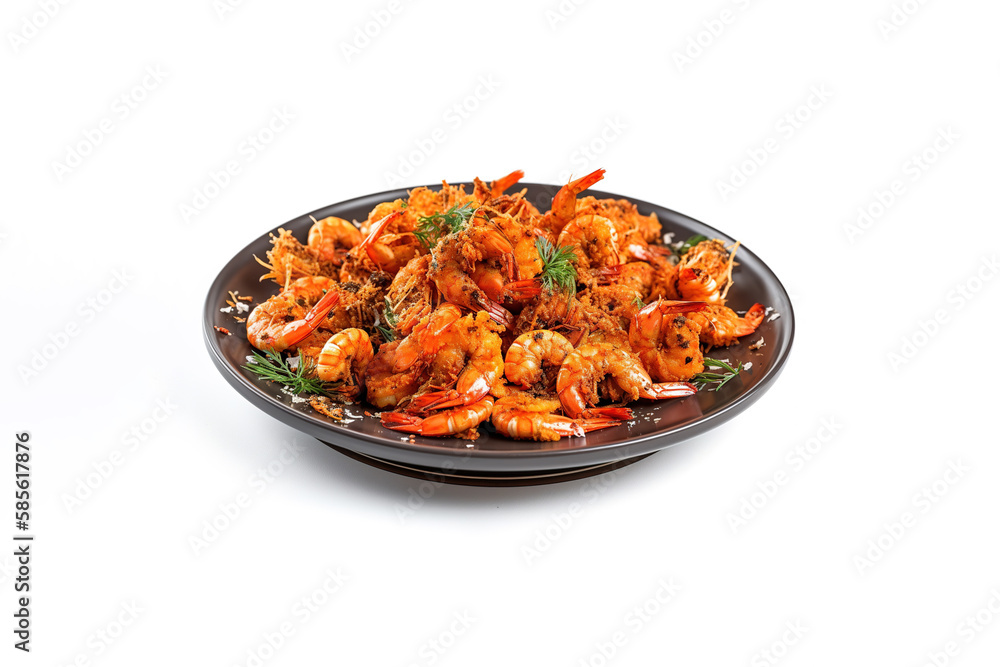 A plate of fried shrimps with spices isolated on white background. Created with Generative AI Technology A plate of fried shrimps with spices isolated on white background. Created with Generative AI Technology