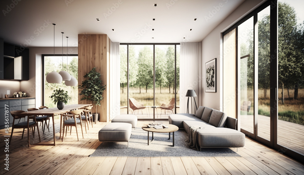 Fototapeta premium An indoor rendering of a living room about with corner glass doors Generative AI