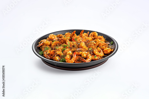 A plate of fried shrimps with spices isolated on white background. Created with Generative AI Technology