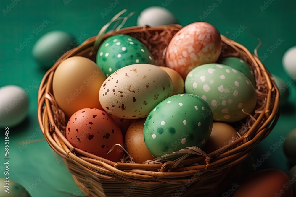 colorful Easter basket filled with eggs. Generative AI colorful Easter basket filled with eggs. Generative AI