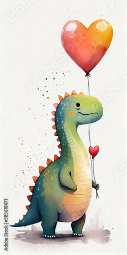 Cute Dinosaur holding a balloon, children's illustration cartoon. generative ai