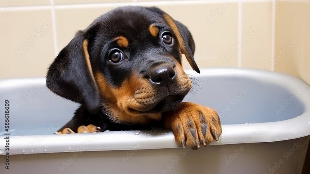 Adorable Rottweiler Puppy in the Bathtub. Puppy Dog Eyes. Cute Worried