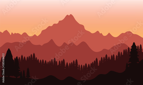 Landscape with mountain and pine tree silhouette illustration