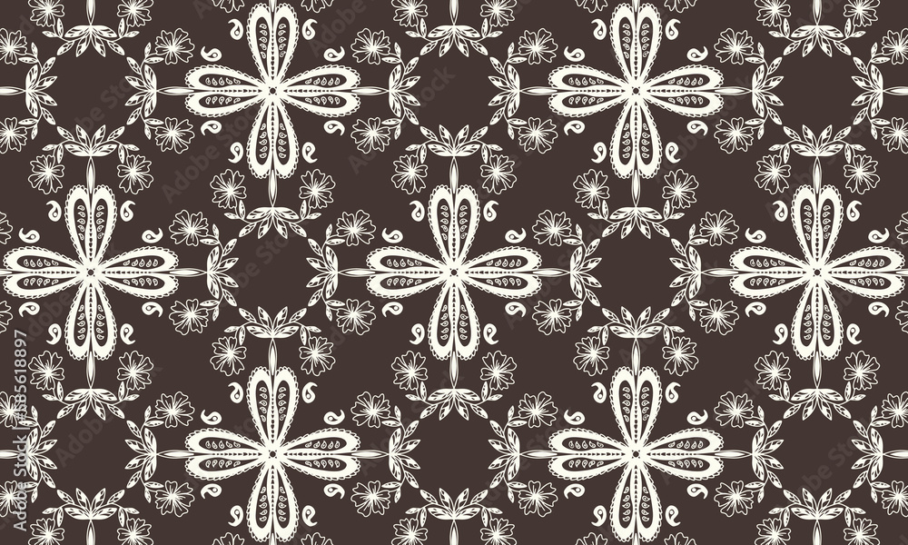 Seamless monochrome pattern with paisley and flowers on a white background. Vector image. Seamless monochrome pattern with paisley and flowers on a white background. Vector image.