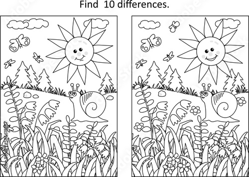 Difference game with sun, snail, butterflies and wildflowers. Spring or summer. Black and white.
