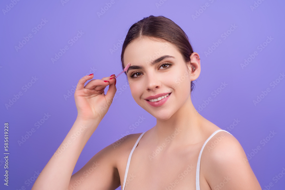 Mascara eyebrows. Natural beauty brows. Eyebrows coloring and lamination. Woman combing eyebrows. Makeup and cosmetology concept. Eyebrow shape modeling. Mascara eyebrows. Natural beauty brows. Eyebrows coloring and lamination. Woman combing eyebrows. Makeup and cosmetology concept. Eyebrow shape modeling.