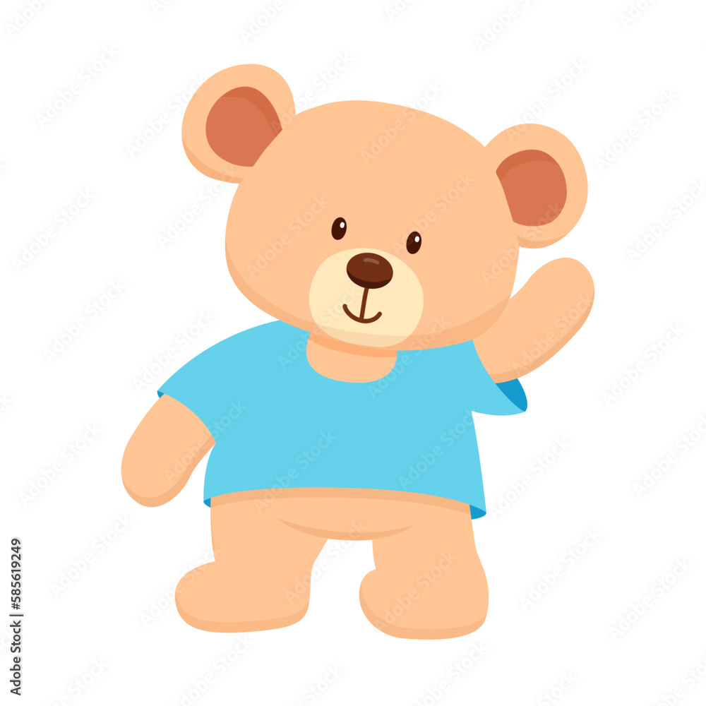 Cute bear toy in blue t-shirt is waving. Hand drawn flat childish illustration isolated on white Cute bear toy in blue t-shirt is waving. Hand drawn flat childish illustration isolated on white