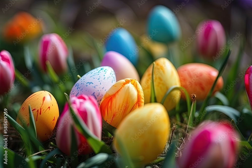 colorful Easter eggs hidden in the green grass. Generative AI colorful Easter eggs hidden in the green grass. Generative AI
