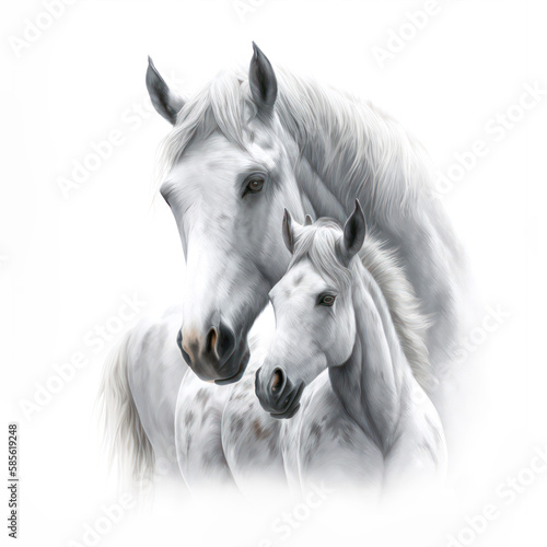 Mother white horse and her baby foal. Illustration for Mothers Day and spring. Generative AI.