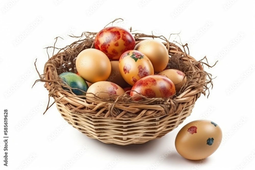 basket filled with colorful Easter eggs. Generative AI basket filled with colorful Easter eggs. Generative AI