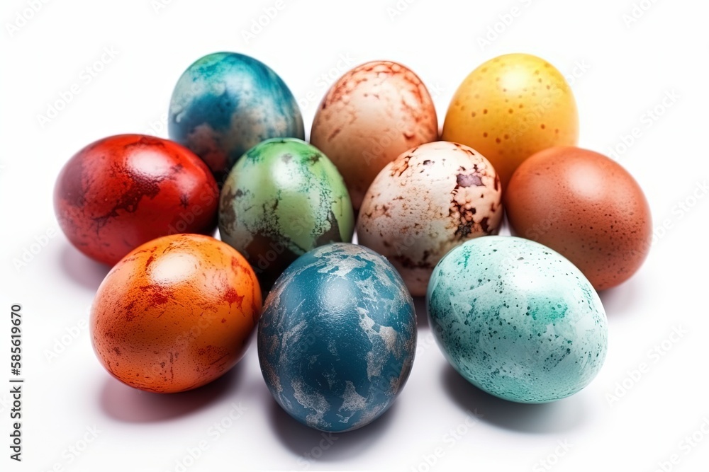 colorful Easter egg hunt on a white background. Generative AI colorful Easter egg hunt on a white background. Generative AI