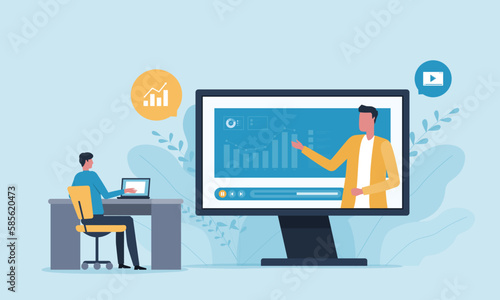 business team working with video conference meetings online and online education Webinar, video training, tutorial podcast and business coaching concept.
