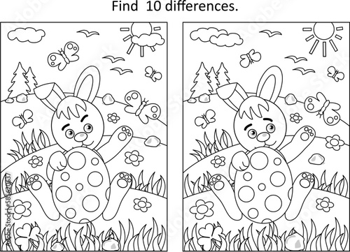 Easter holiday themed difference game with bunny and painted egg, rural scene
