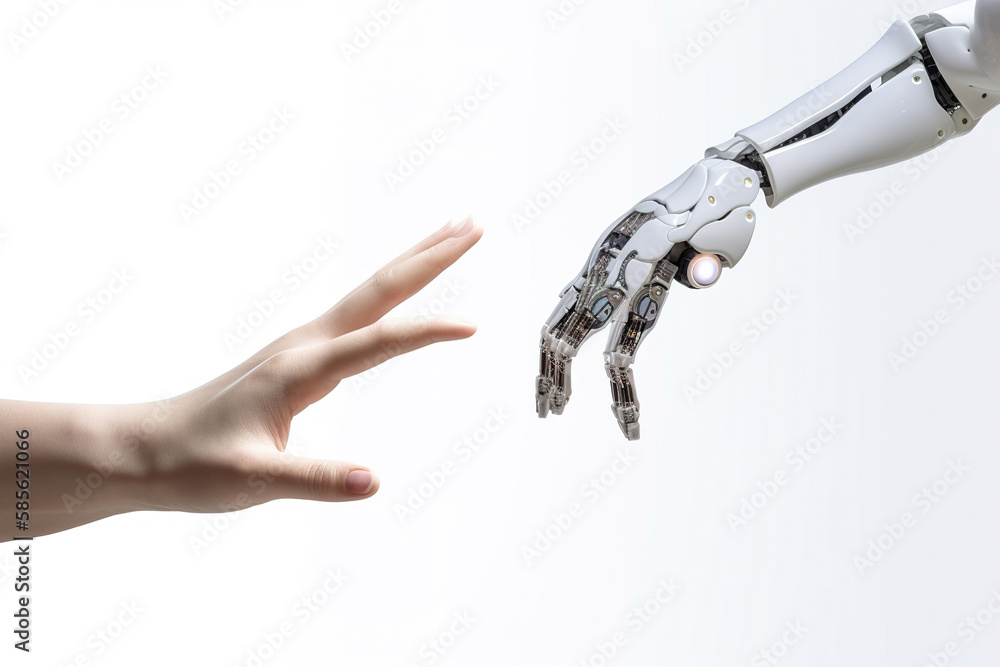 a hand reaching out towards a robot hand, artificial intelligence ...
