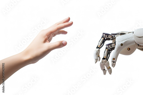 a hand reaching out towards a robot hand, artificial intelligence digital transformation isolated on white background. Created with Generative AI Technology
