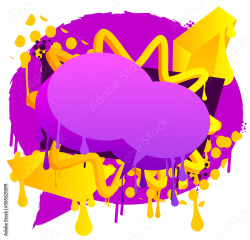 Purple and Yellow Graffiti Speech Bubble Background. Abstract modern street art banner decoration performed in urban painting style.