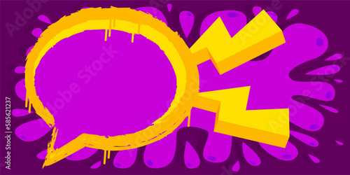 Purple and Yellow Graffiti Speech Bubble Background. Abstract modern street art banner decoration performed in urban painting style.