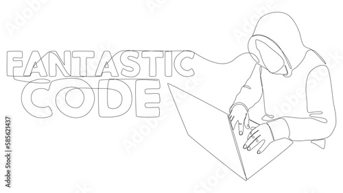 One continuous line of man with laptop and Fantastic Code text. Thin Line Illustration vector concept. Contour Drawing Creative ideas.