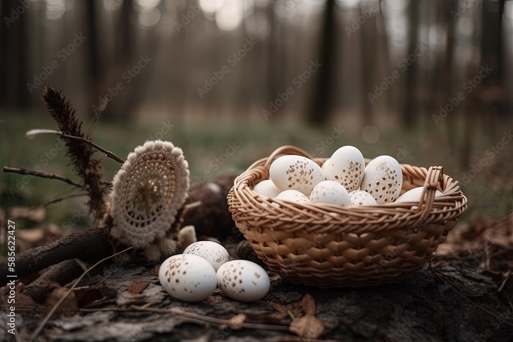 basket of fresh eggs nestled in a bed of forest foliage. Generative AI basket of fresh eggs nestled in a bed of forest foliage. Generative AI
