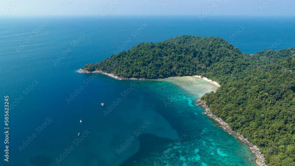 Aerial view with The tropical seashore island in a coral reef ,blue and turquoise sea Amazing nature landscape
